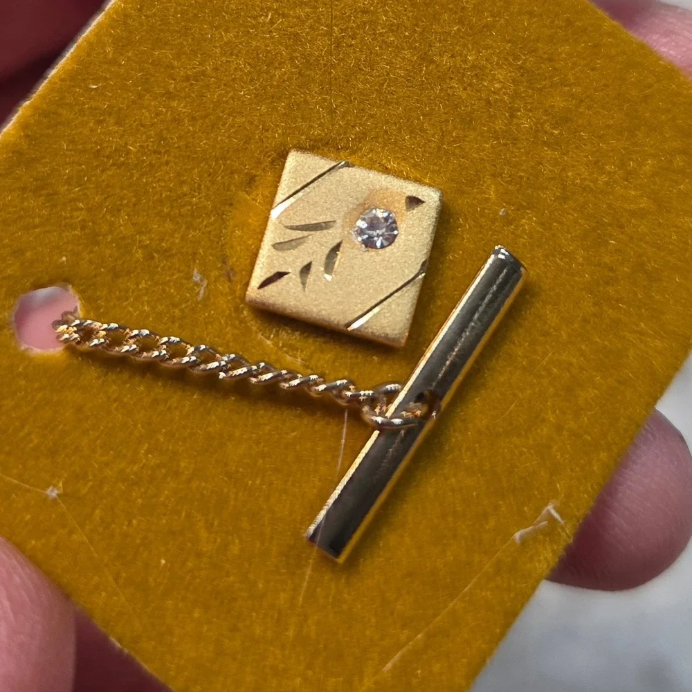 Vintage Goldwall Tie Tack Gold Tone Square Etched Leaf Clear Stone Safety Chain